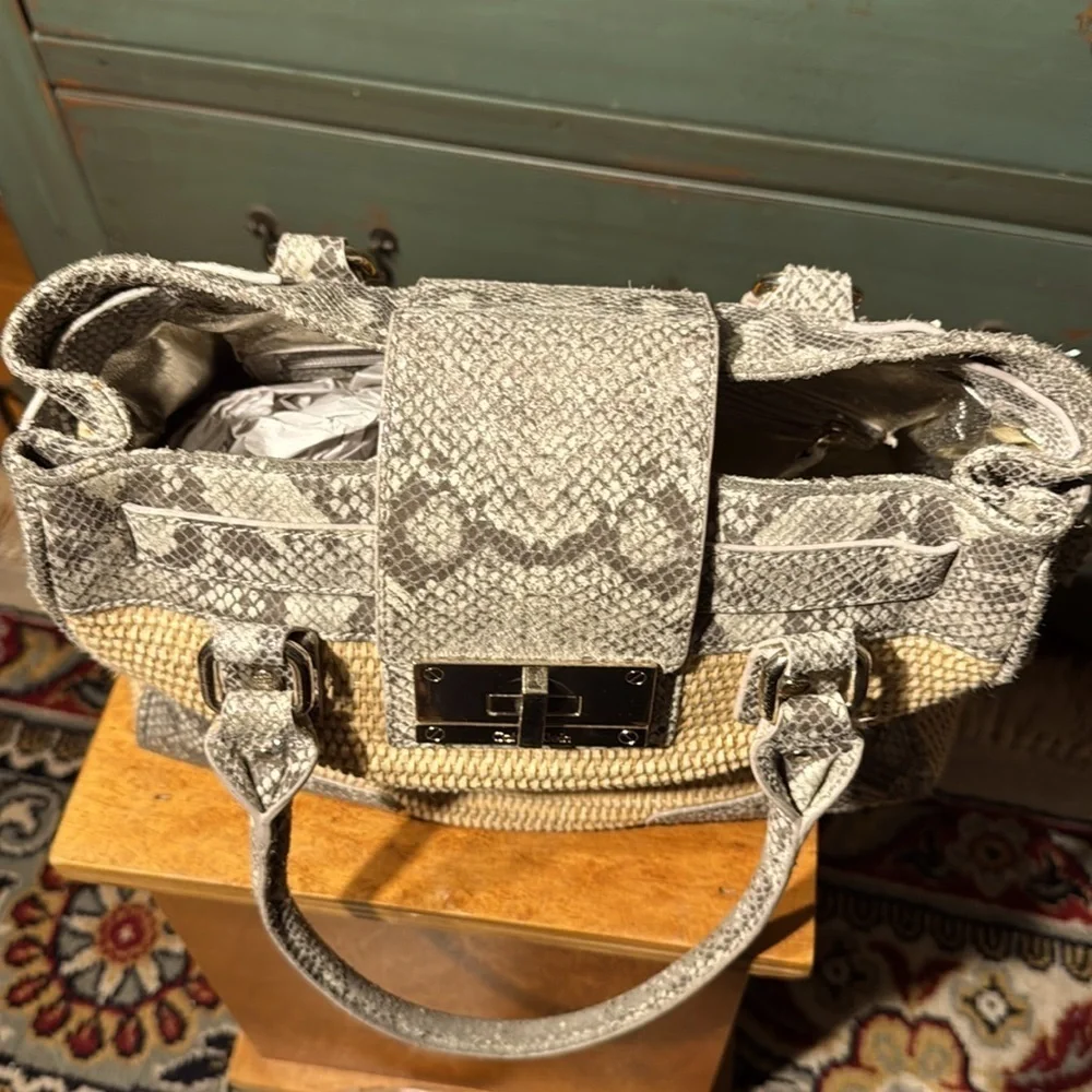 EUC Calvin Klein Tan Straw with Gray Imitation Snake Women's Bag